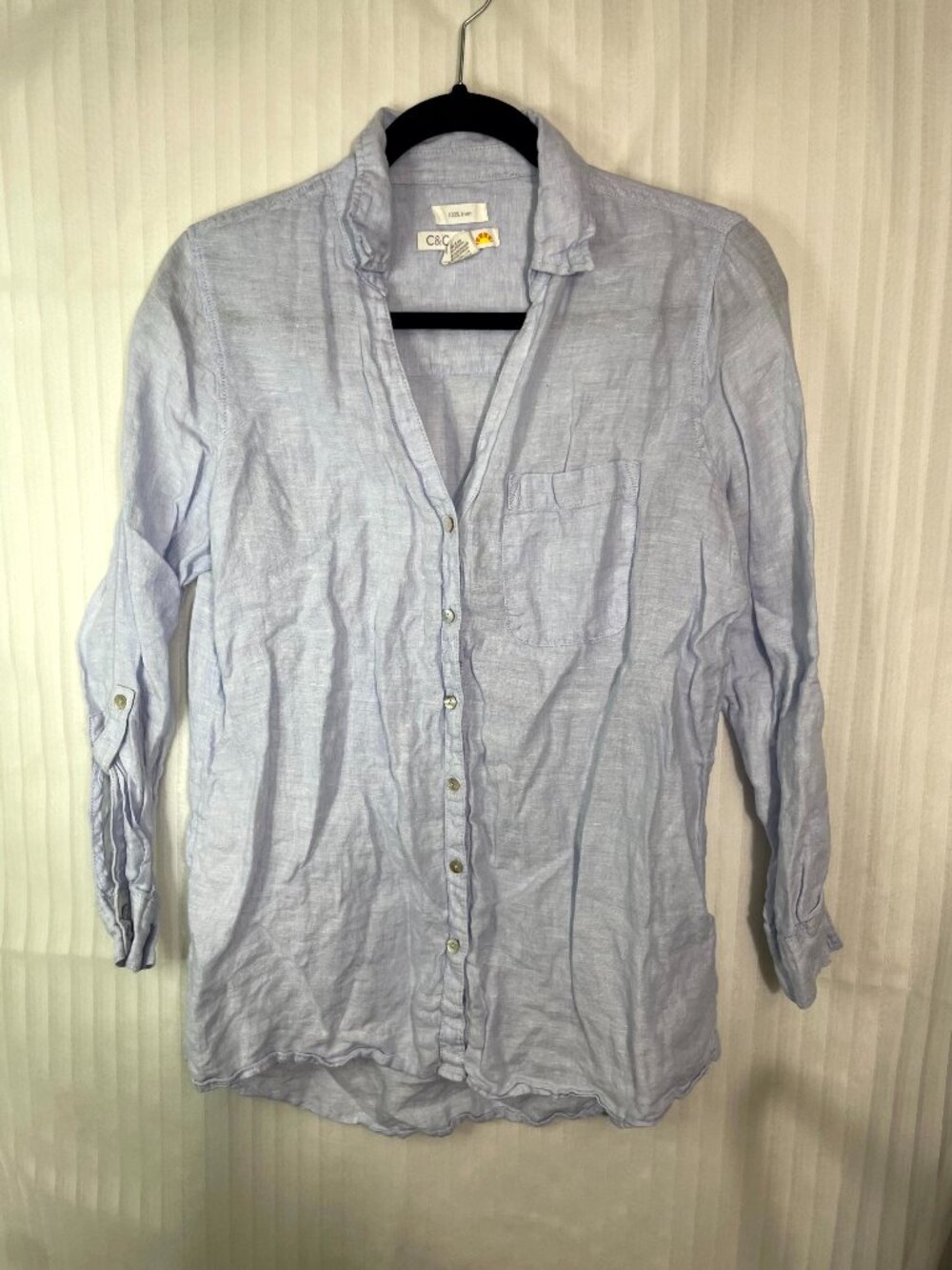 C&C California 100% Linen Button Front Shirt Women's Small Light Blue Roll Tab S